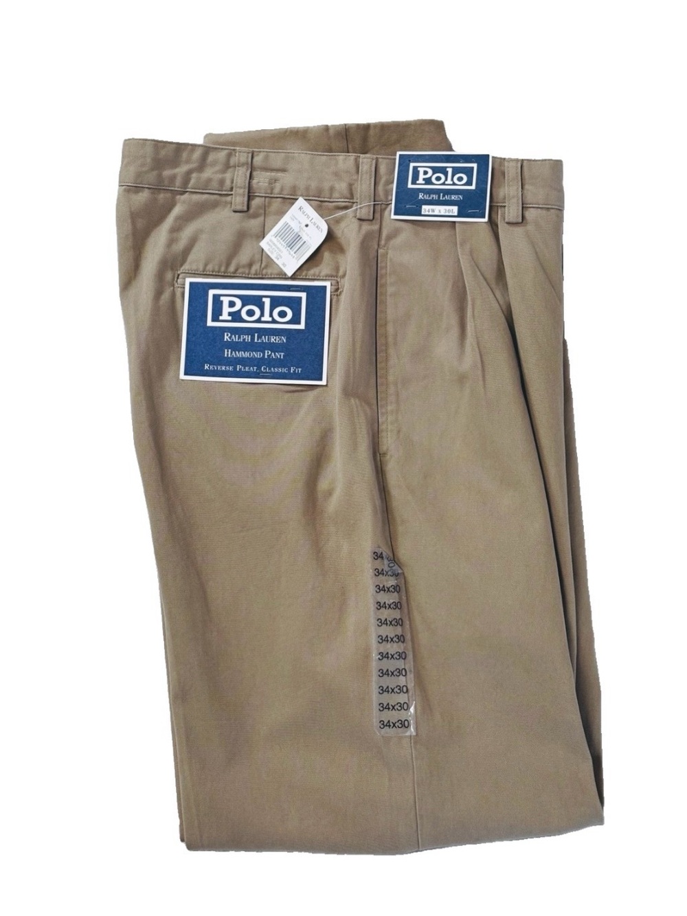 NWT Polo Ralph Lauren Hammond Khaki Pant Reverse Pleat Classic Fit 34/30